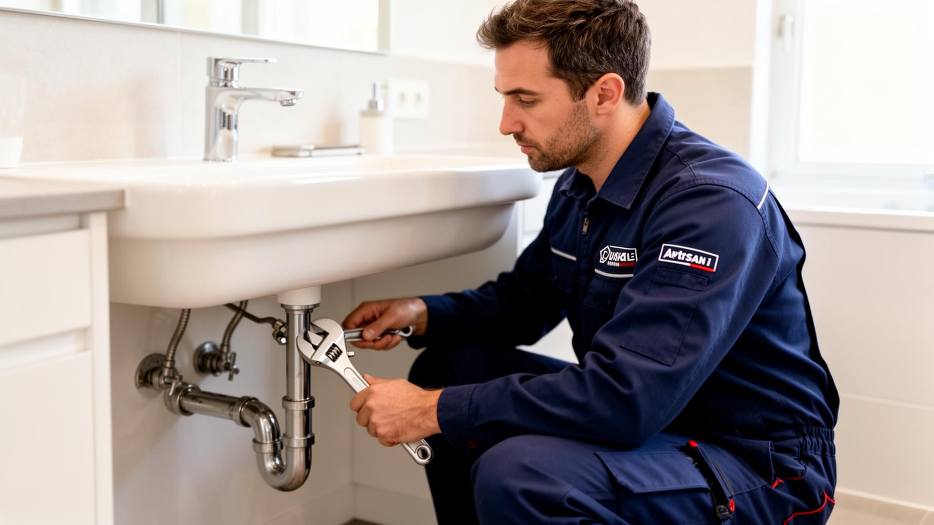 Plombier intervenant dans une salle de bain
